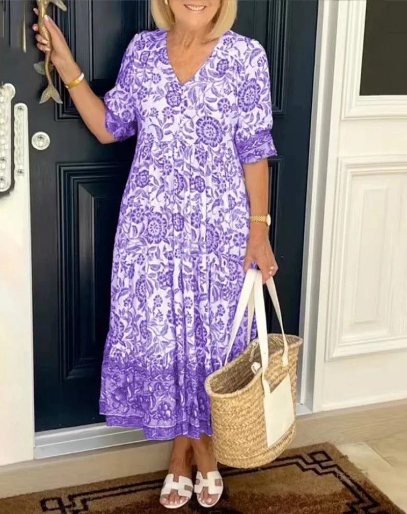 Robe Femme Florale Fluide Col V Manches Courtes pour Style Élégant et Confort Estival