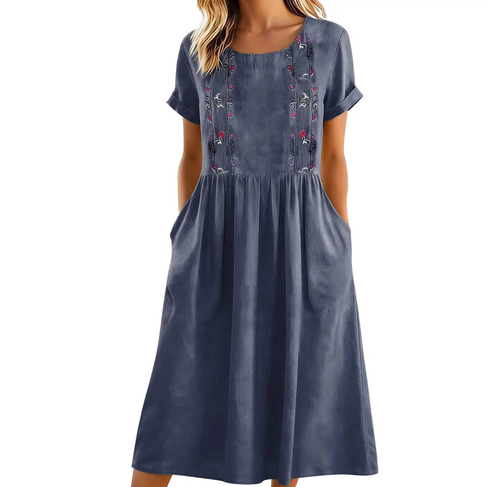 Robe midi femme brodée à poches et coupe A-line