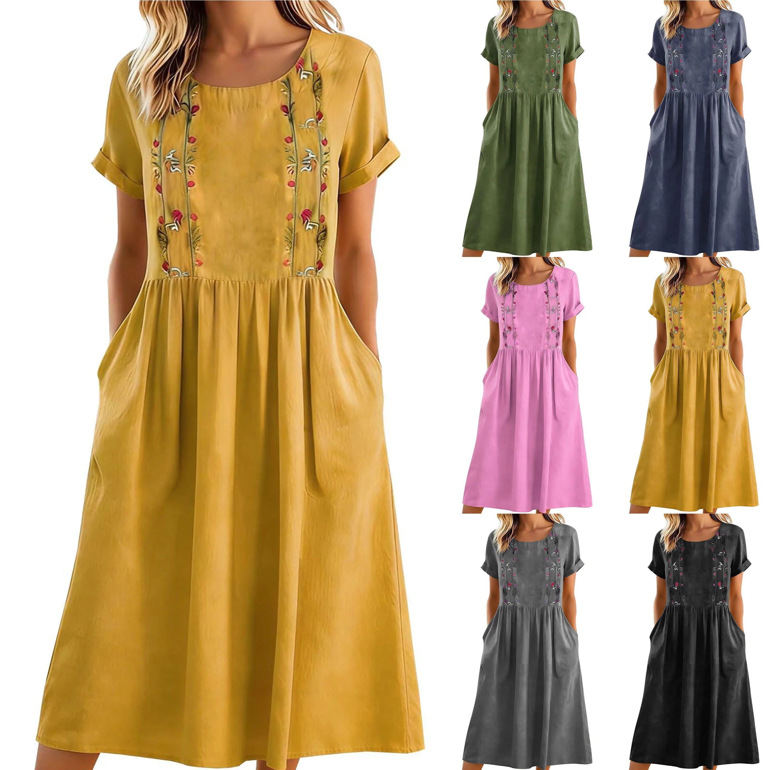 Robe midi femme brodée à poches et coupe A-line