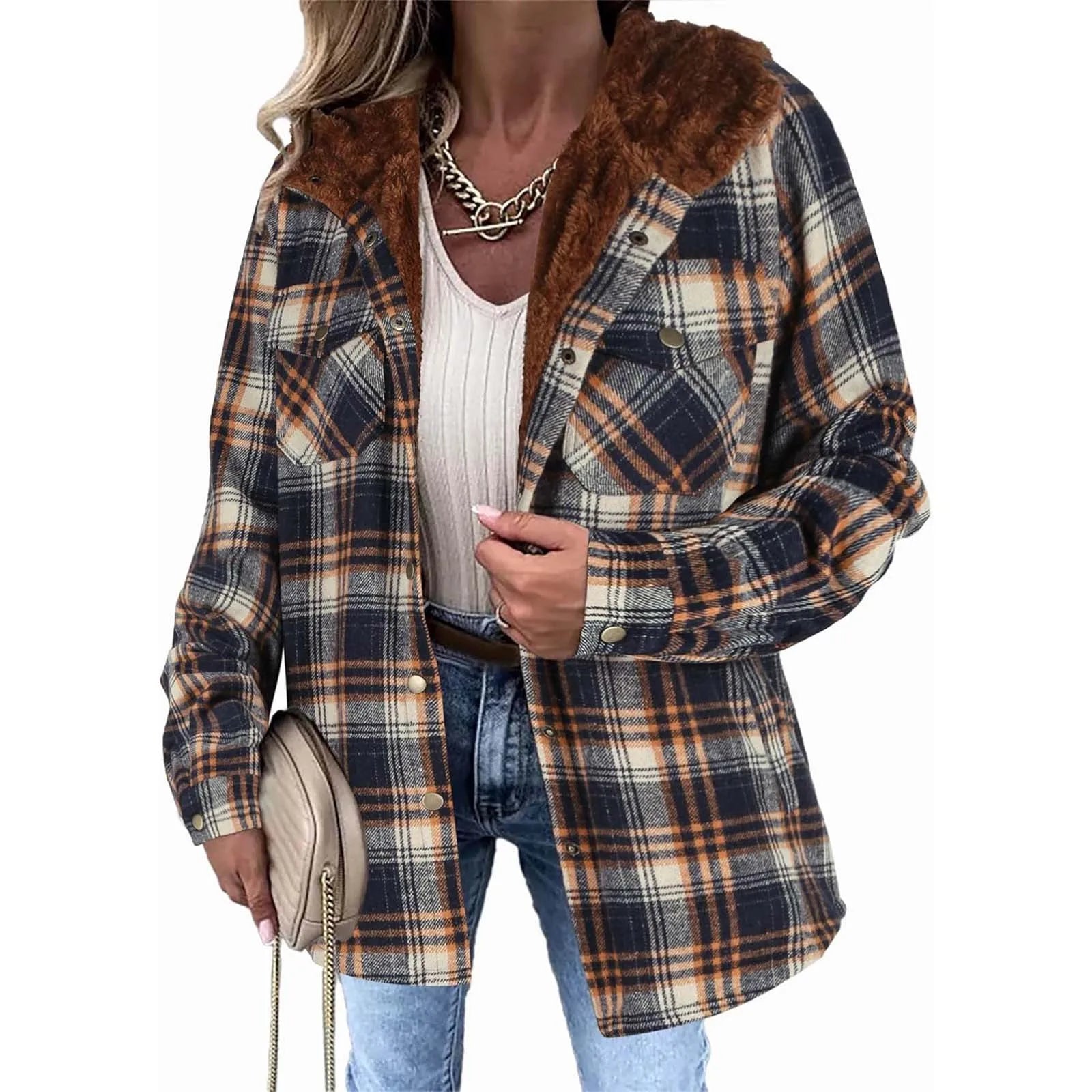 Veste femme à carreaux doublée polaire – manteau chaud à capuche hiver