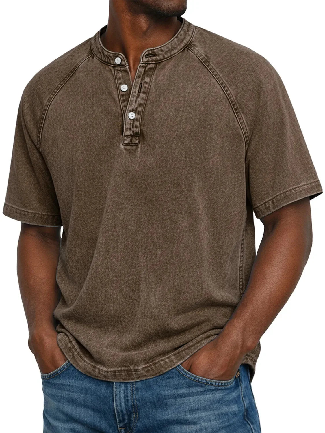 T-Shirt Homme Col Henley Effet Délavé Vintage Manches Courtes