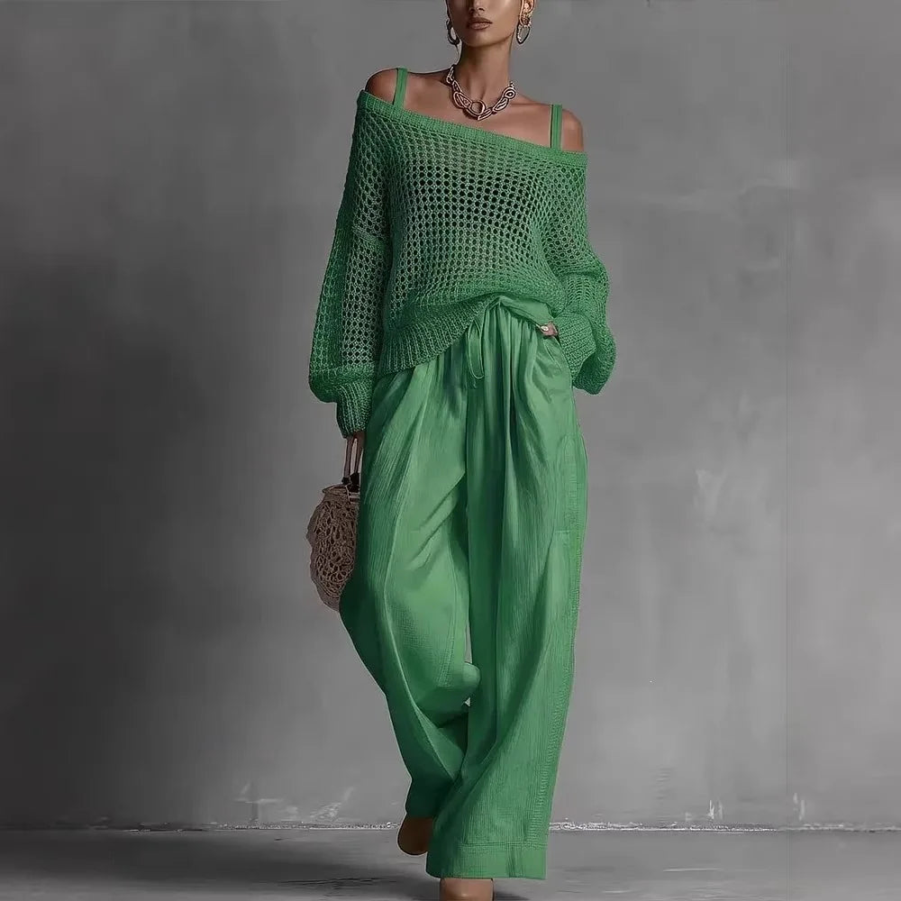 Ensemble femme deux pièces avec pull ajouré et pantalon large