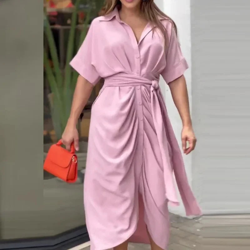 Robe femme midi imprimée ceinturée col chemise manches courtes élégante chic