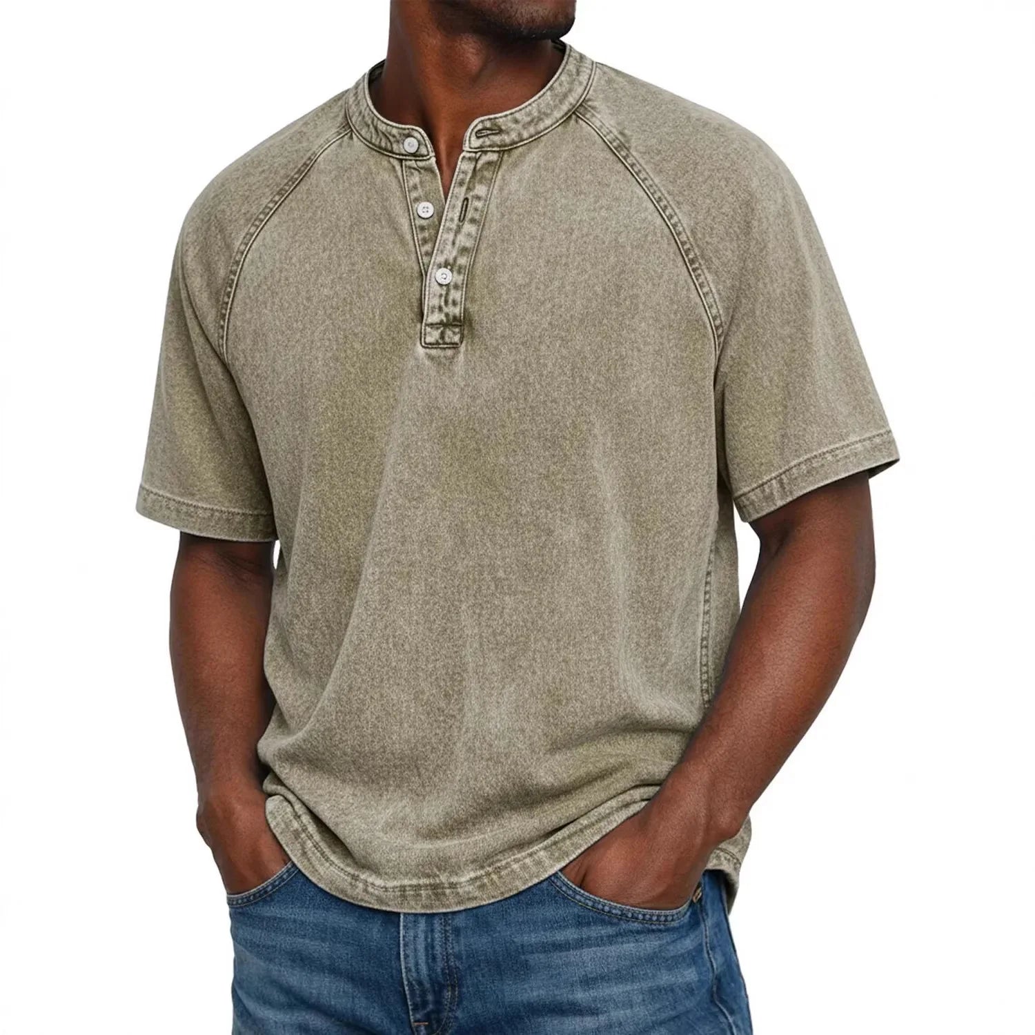 T-Shirt Homme Col Henley Effet Délavé Vintage Manches Courtes