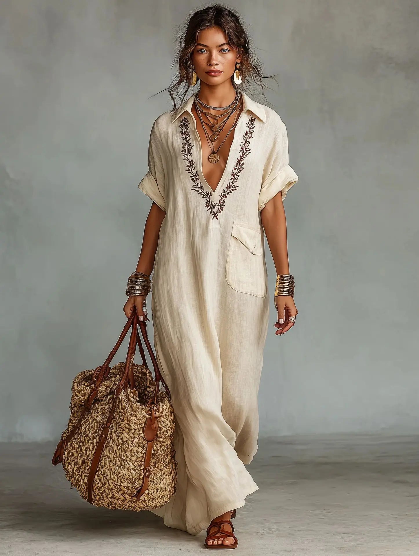 Robe kaftan femme brodée à col V et coupe ample