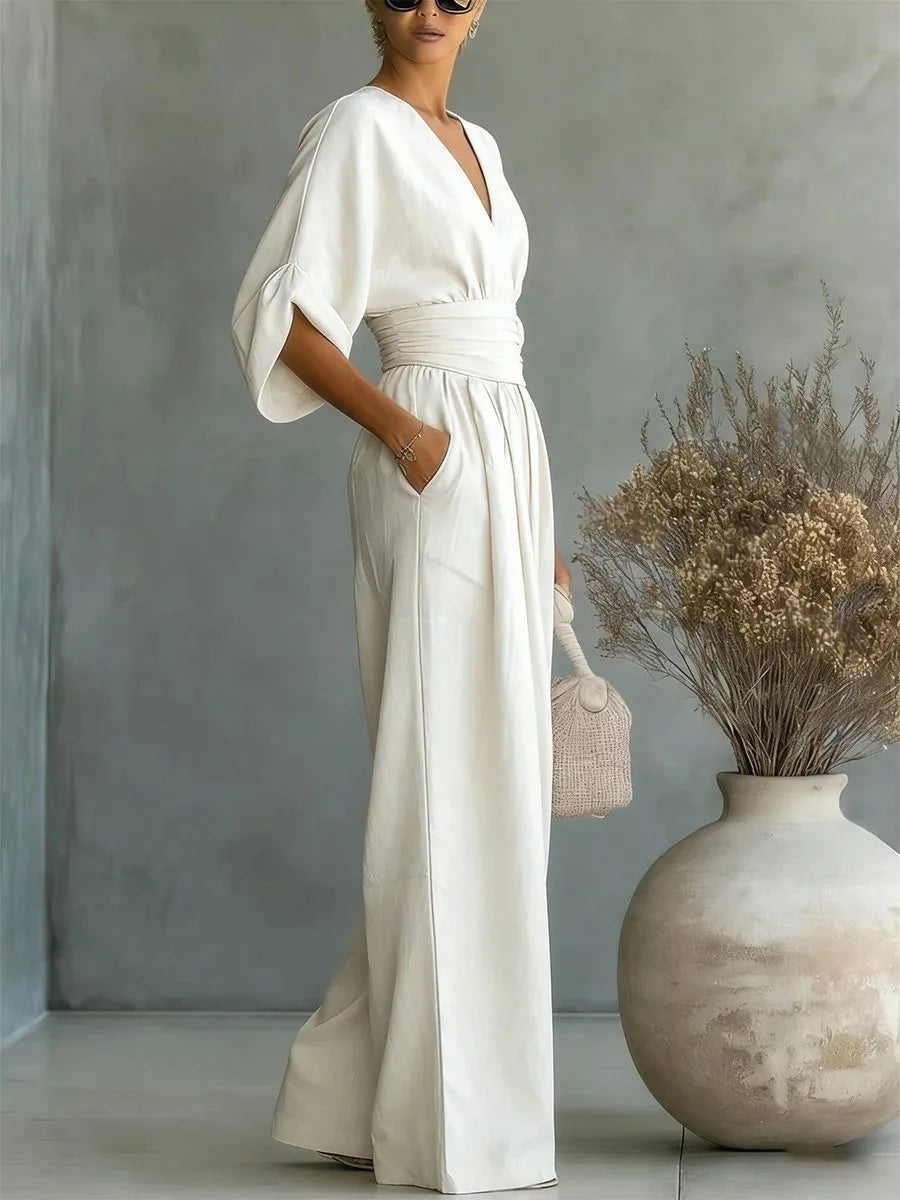 Combinaison Femme Fluide Col V Taille Marquée Élégante