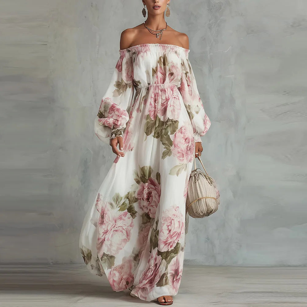 Robe maxi femme épaules dénudées à imprimé floral