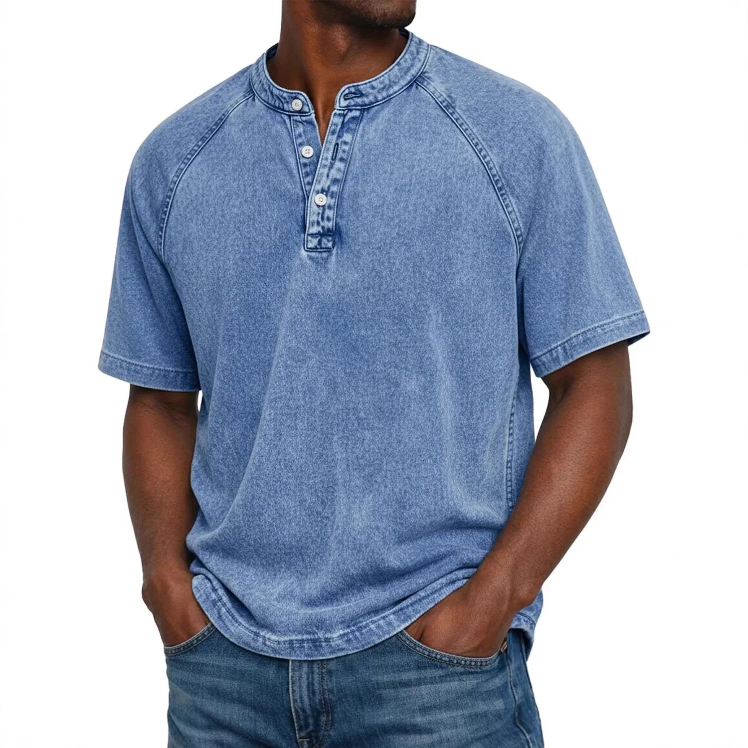 T-Shirt Homme Col Henley Effet Délavé Vintage Manches Courtes