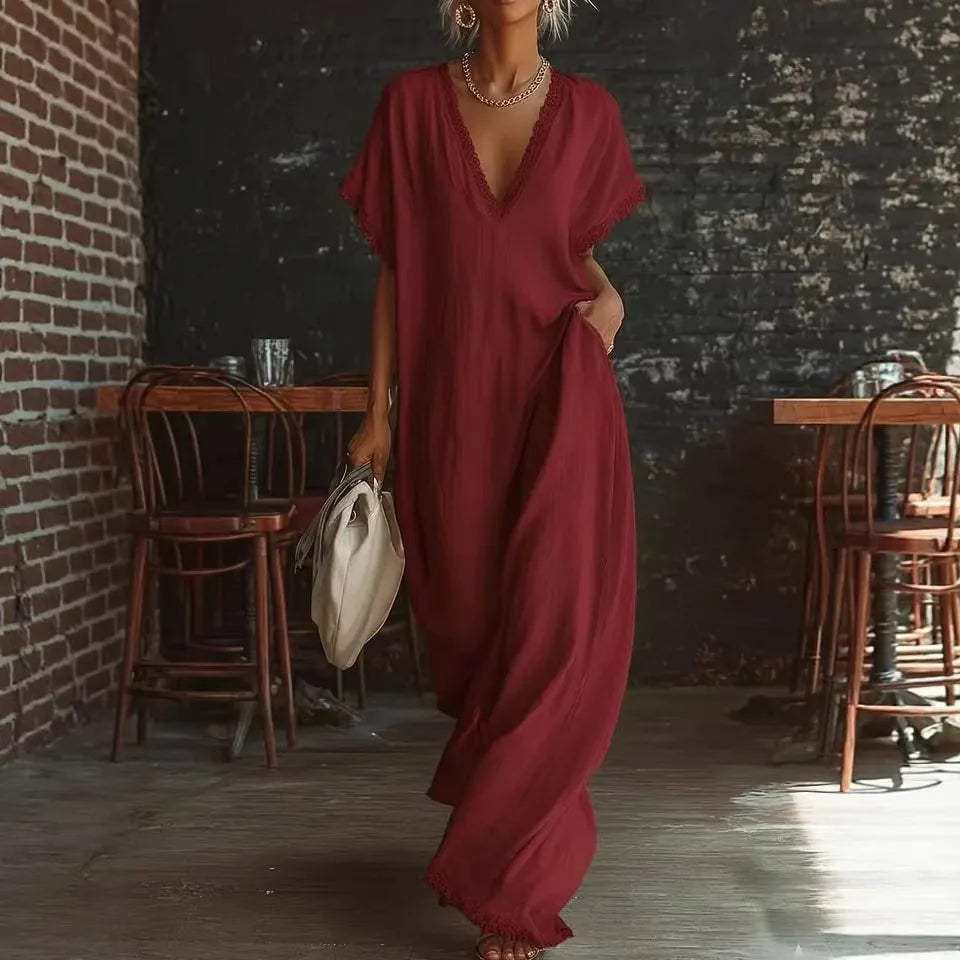 Robe longue femme fluide à col V avec finitions dentelle