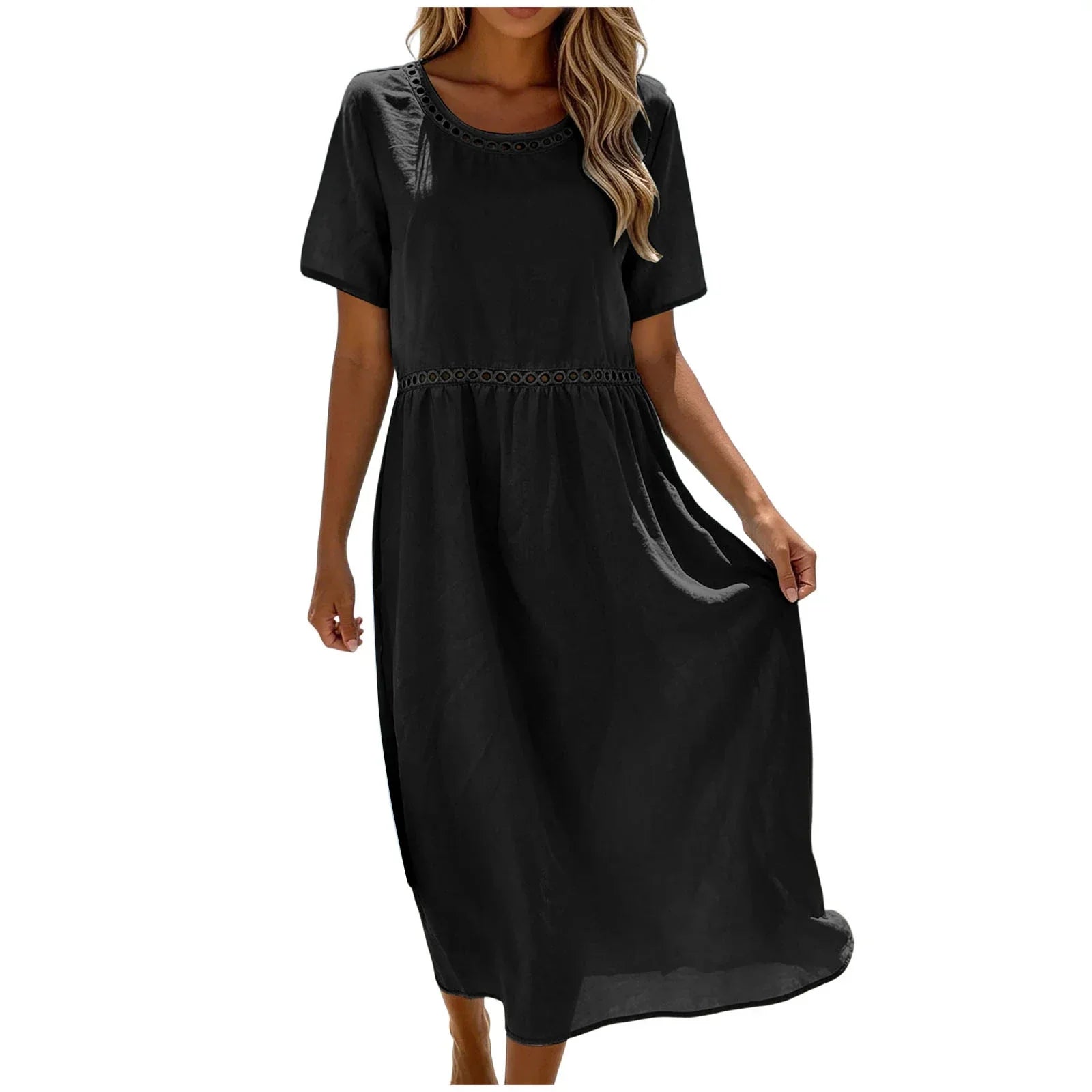 Robe longue femme coton mélangé à détails ajourés