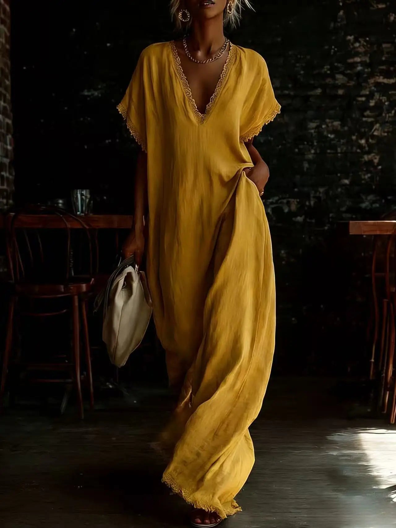 Robe longue femme fluide à col V avec finitions dentelle