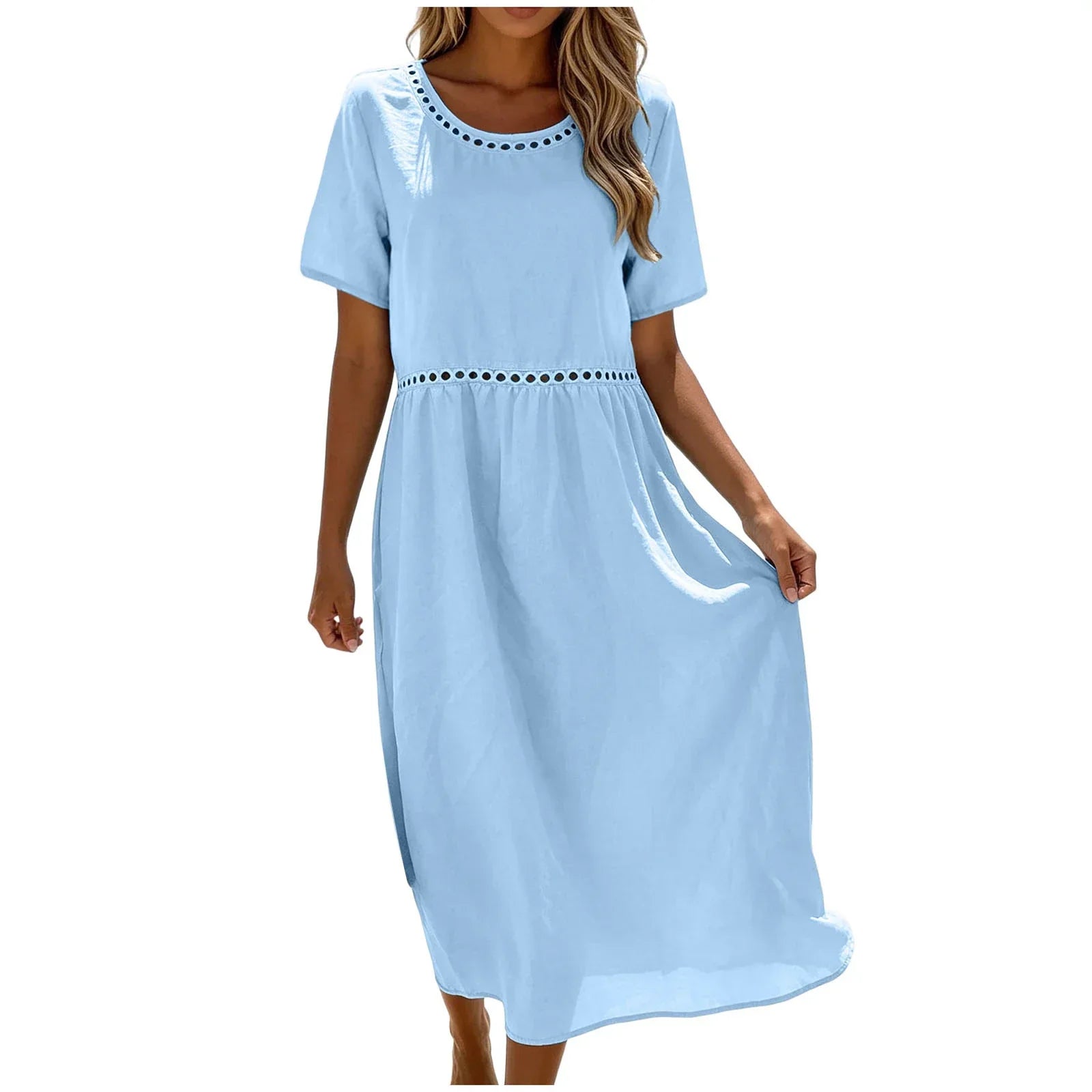 Robe longue femme coton mélangé à détails ajourés