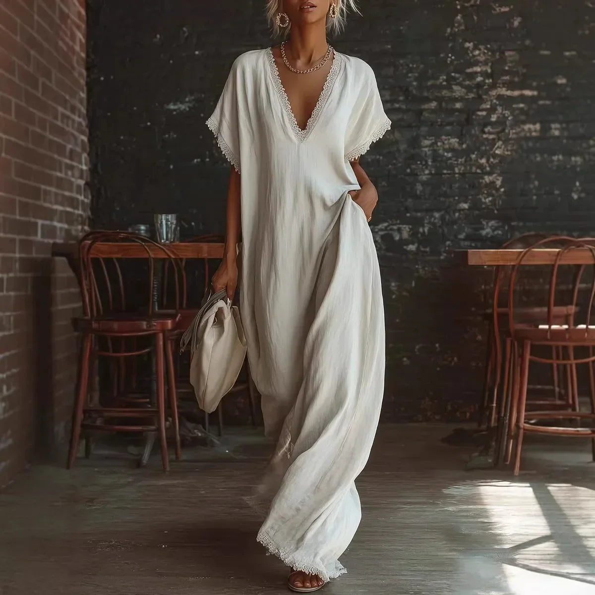 Robe longue femme fluide à col V avec finitions dentelle