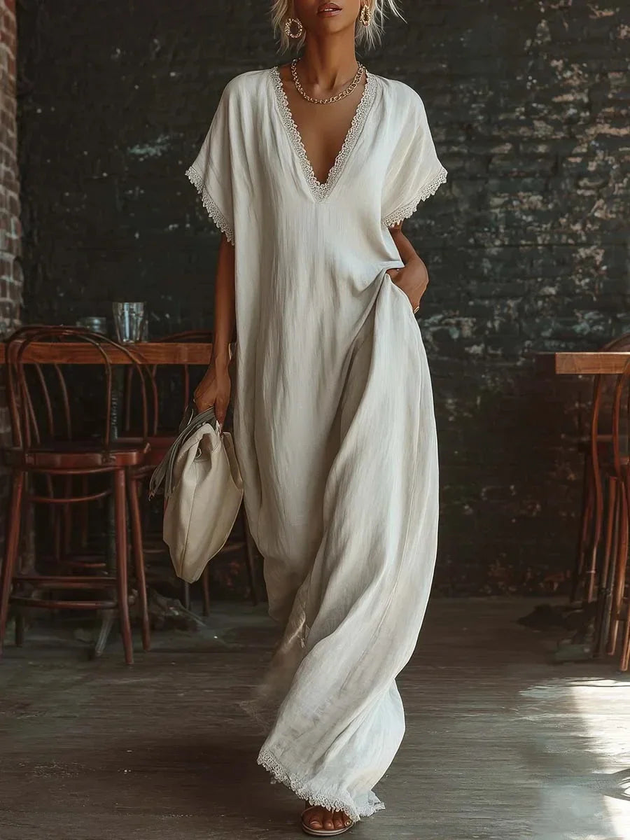 Robe longue femme fluide à col V avec finitions dentelle