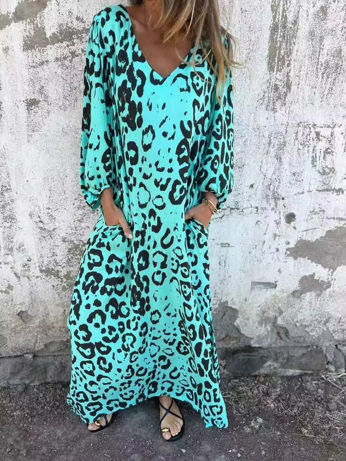 Robe femme longue fluide imprimé léopard col V manches longues – décontractée chic