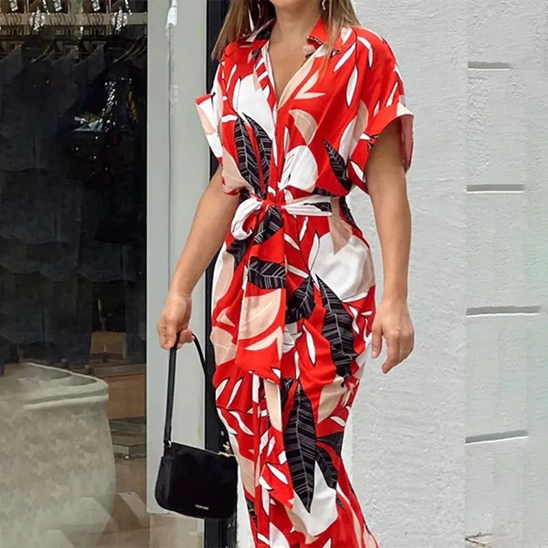 Robe femme midi imprimée ceinturée col chemise manches courtes élégante chic