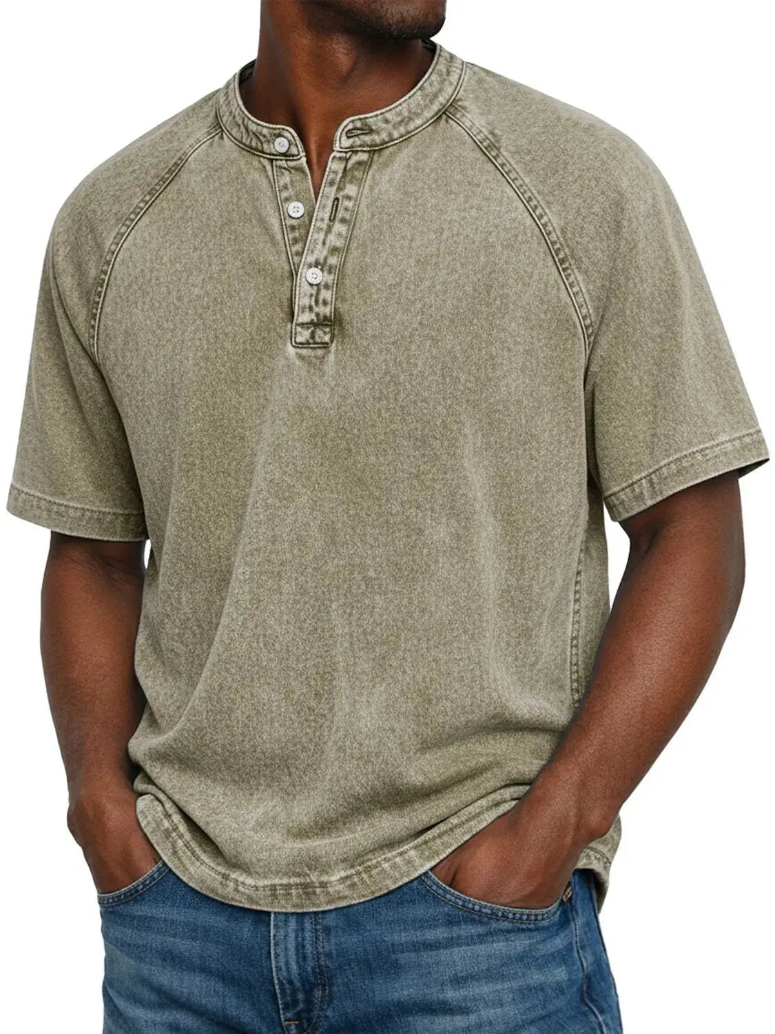 T-Shirt Homme Col Henley Effet Délavé Vintage Manches Courtes
