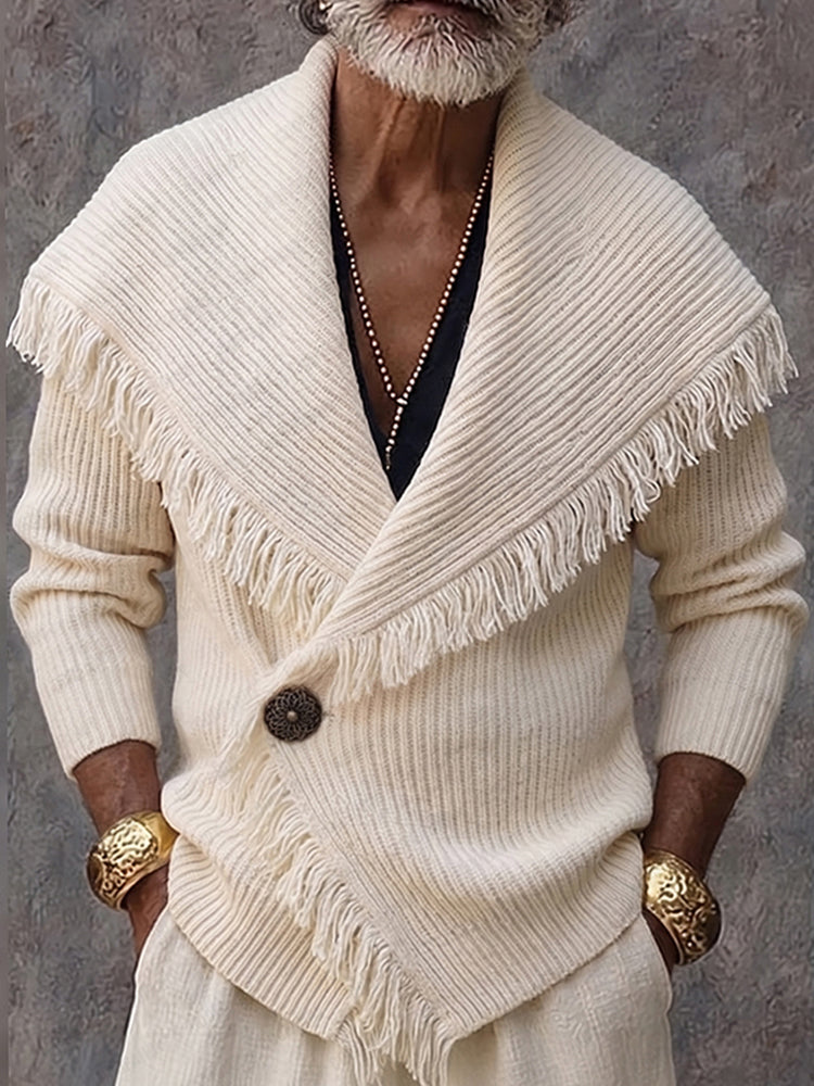 Cardigan homme tricoté à col châle frangé