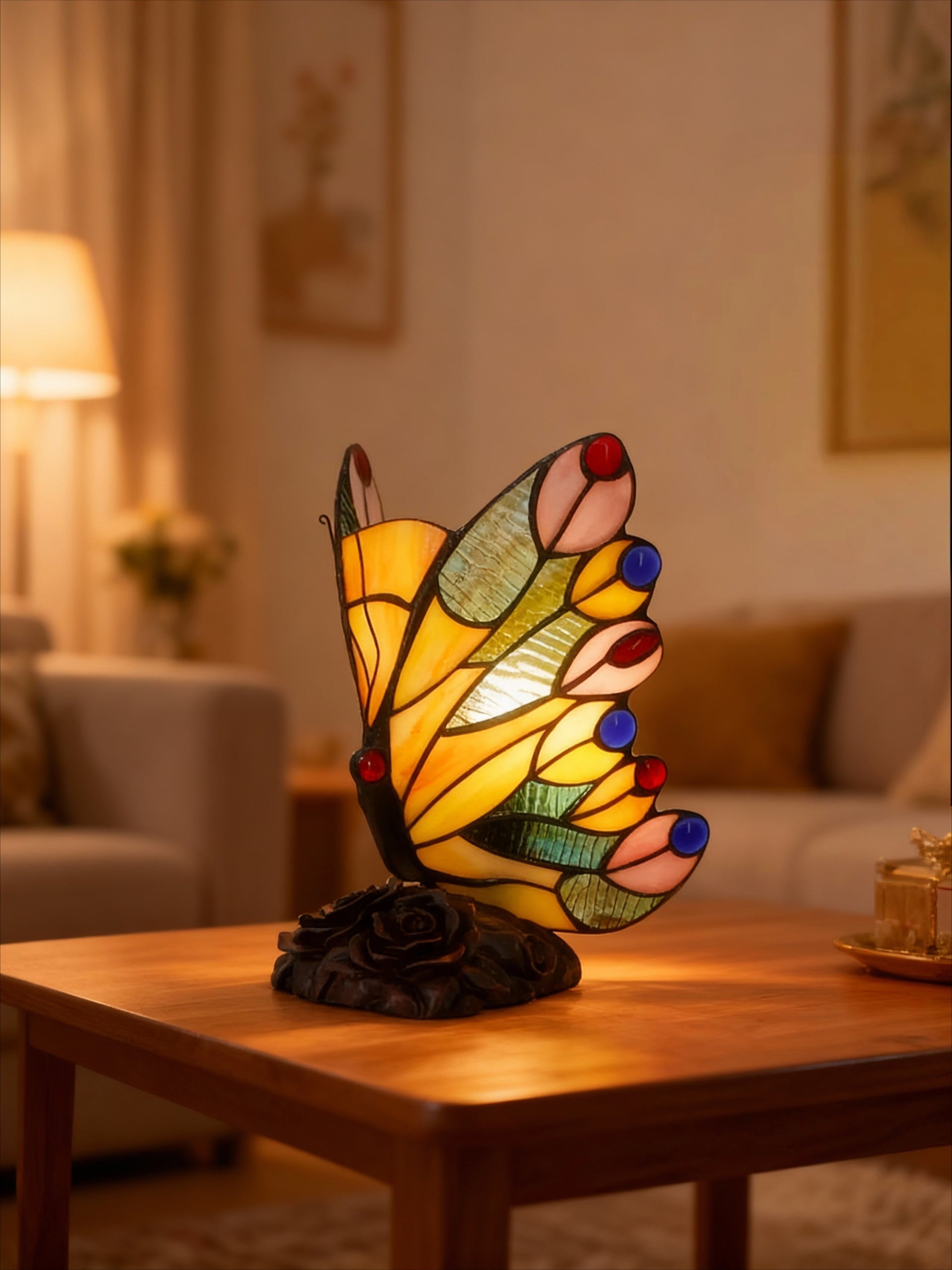 Lampe Mosaïque Jaune Ailes – Lampe de Table Décorative LED Ambiance Dorée