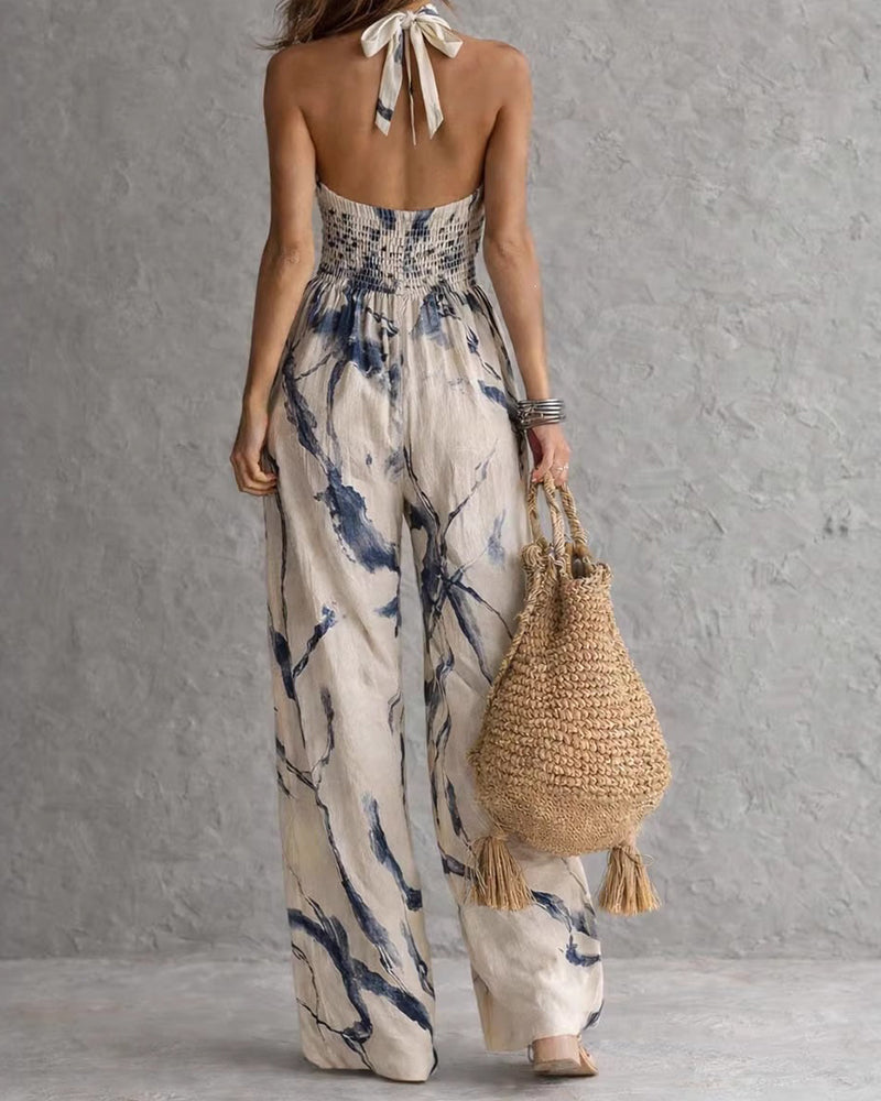 Combinaison femme col halter à imprimé aquarelle et jambes larges