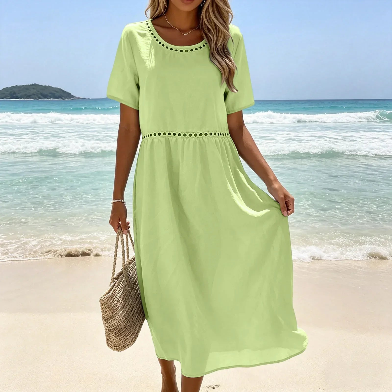 Robe longue femme coton mélangé à détails ajourés