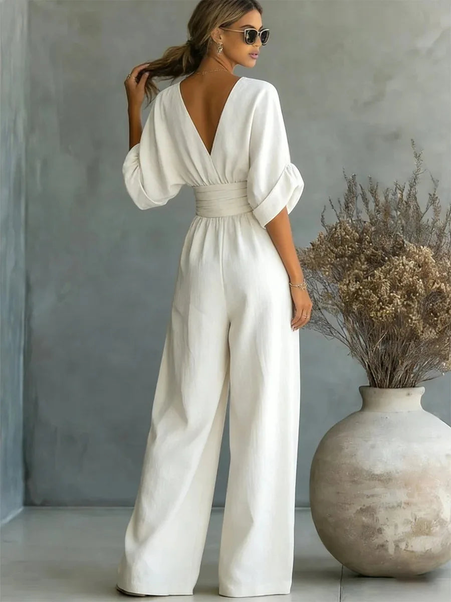 Combinaison Femme Fluide Col V Taille Marquée Élégante