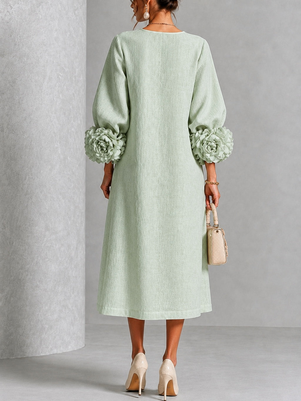 Robe midi femme à manches florales en relief