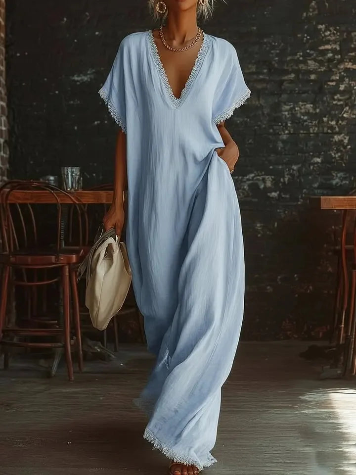 Robe longue femme fluide à col V avec finitions dentelle
