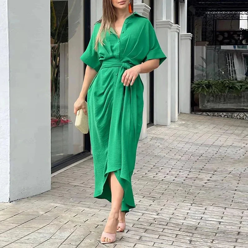 Robe femme midi imprimée ceinturée col chemise manches courtes élégante chic