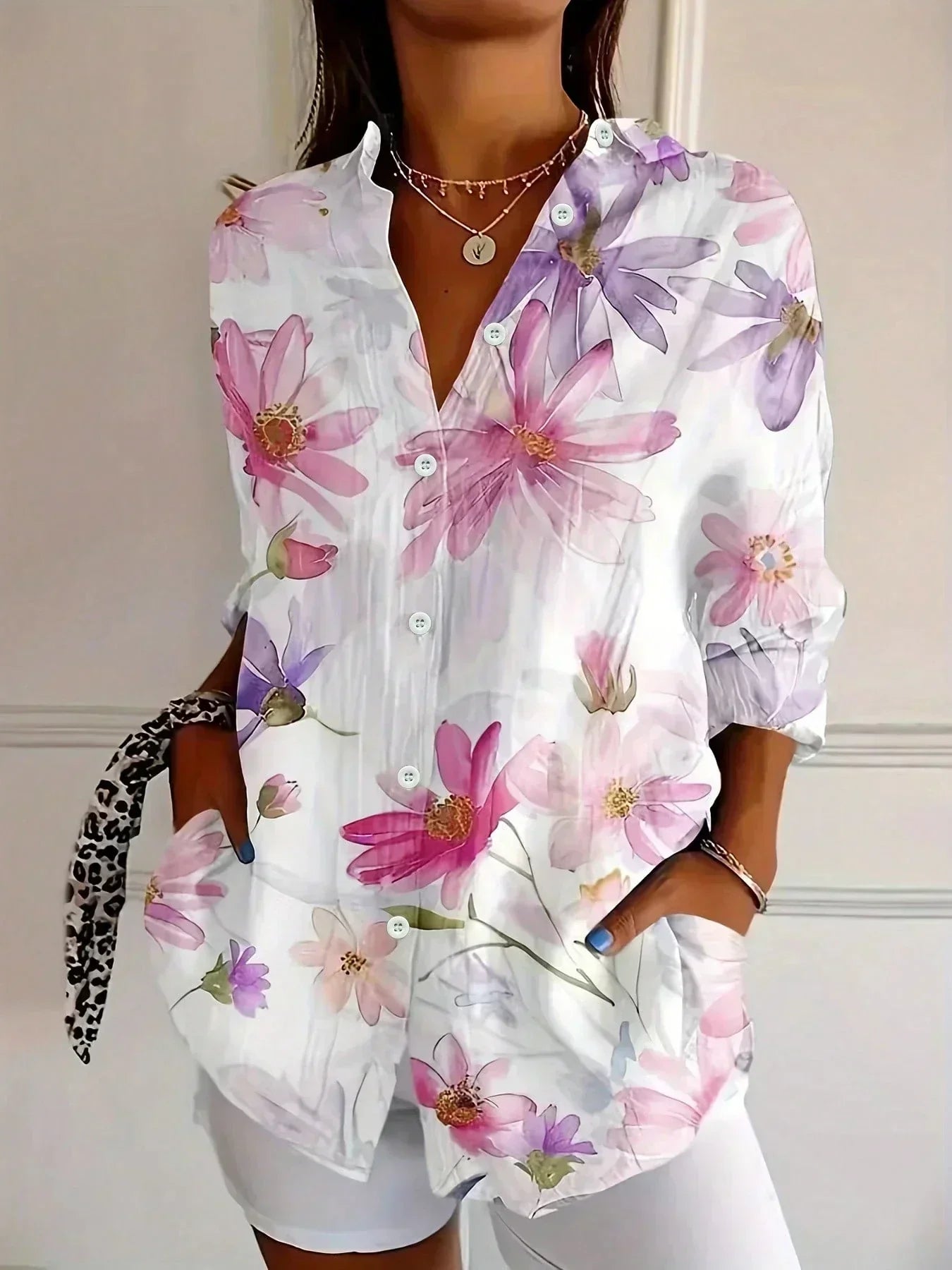 Blouse Femme Imprimée Colorée Coupe Fluide Boutonnée Style Décontracté