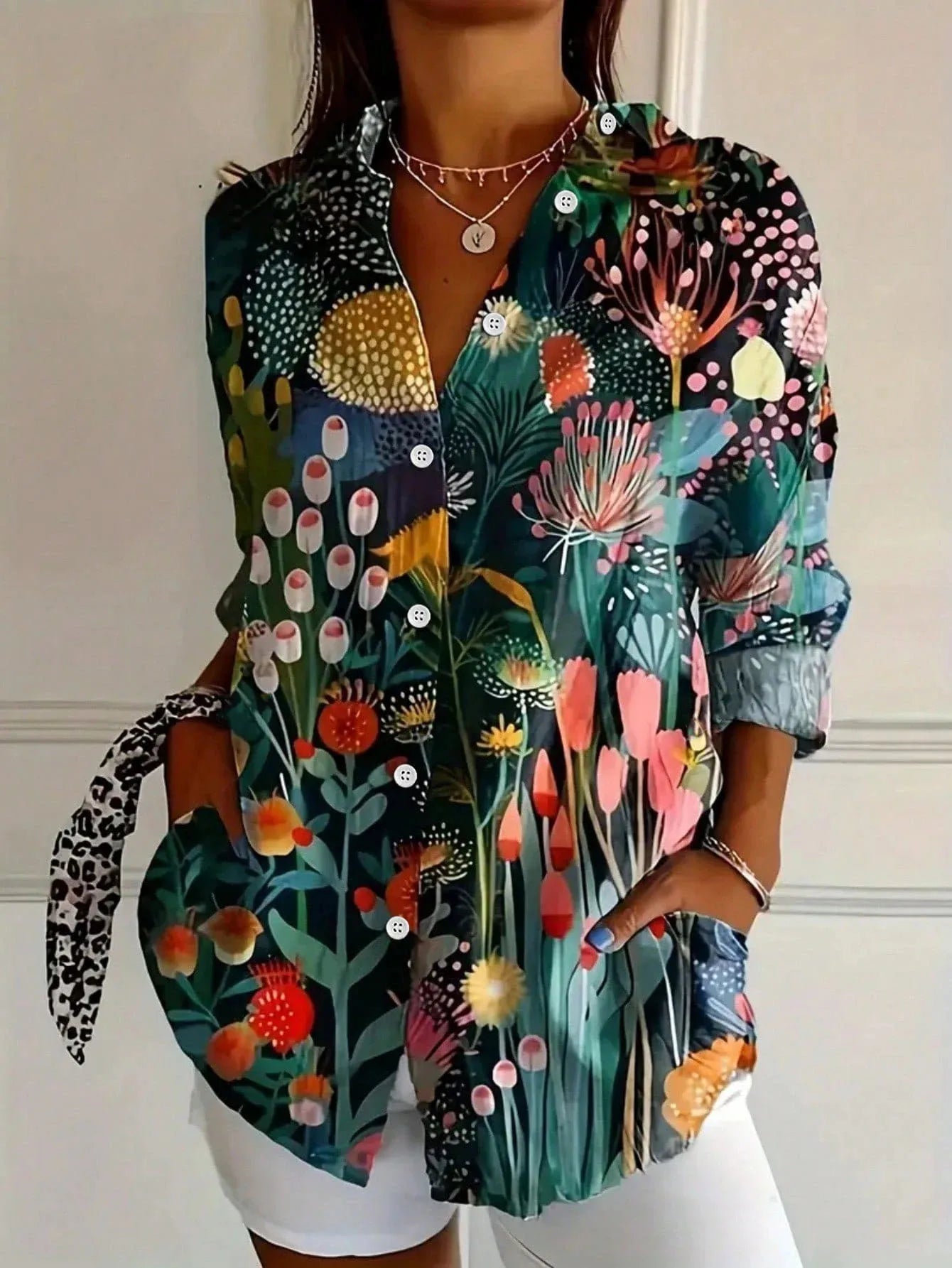 Blouse Femme Imprimée Colorée Coupe Fluide Boutonnée Style Décontracté