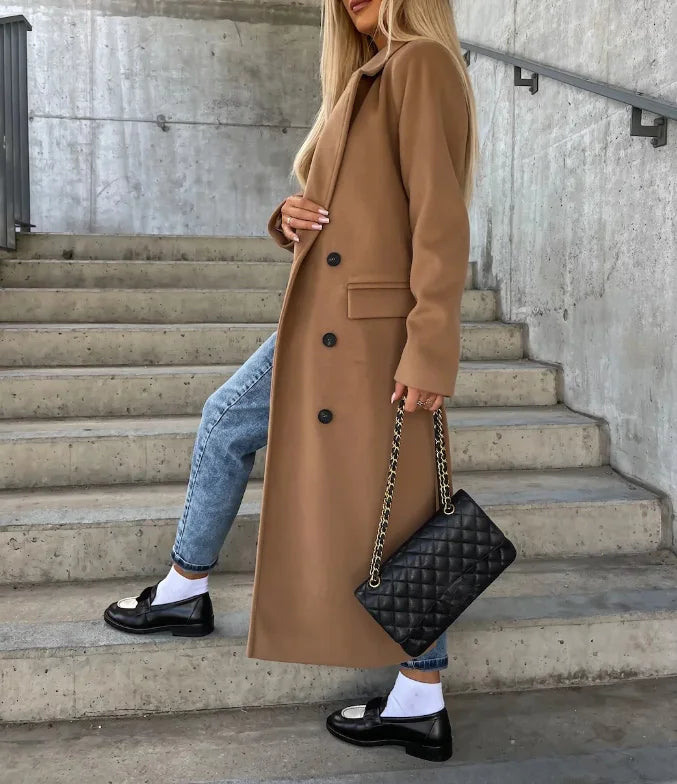 Manteau femme long ceinturé coupe ajustée laine mélangée usage quotidien