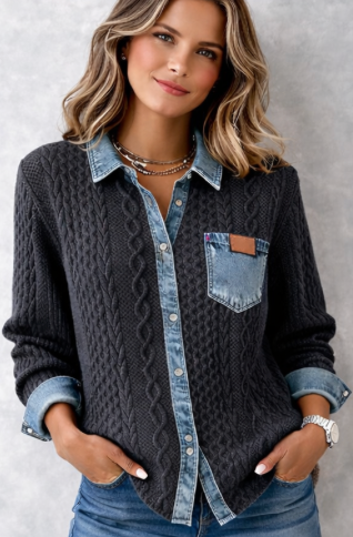 Chemise Tricotée Chic avec Détails Denim | Femme