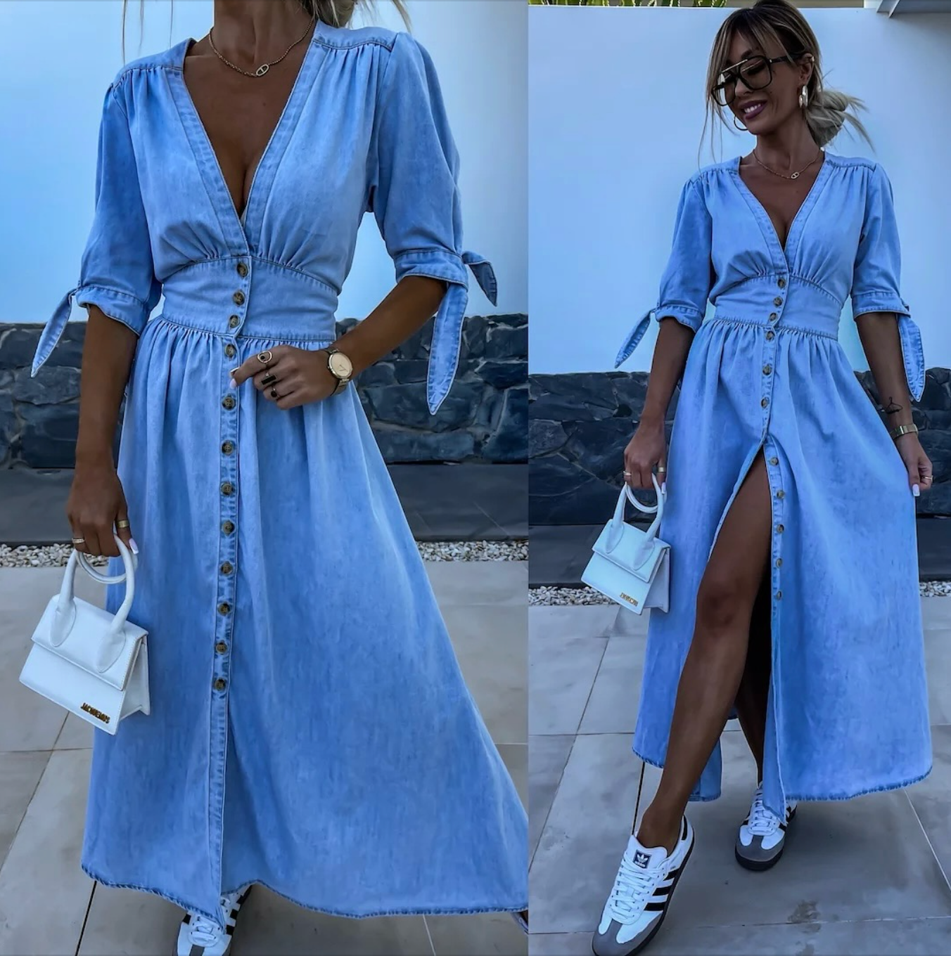 Robe Midi Femme en Jean Boutonnée Col V pour Style Élégant et Féminin