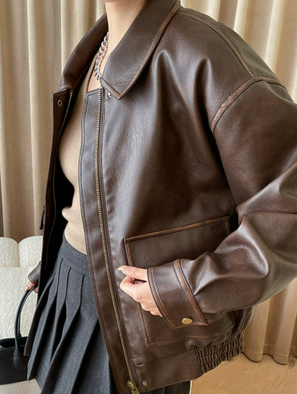 Veste effet cuir femme style vintage – coupe droite décontractée mi-saison