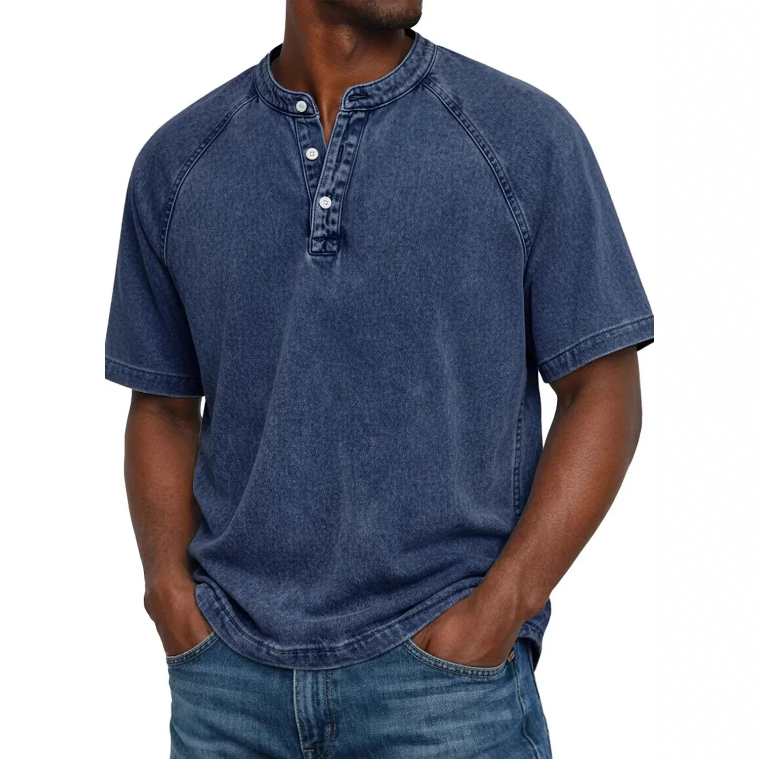 T-Shirt Homme Col Henley Effet Délavé Vintage Manches Courtes
