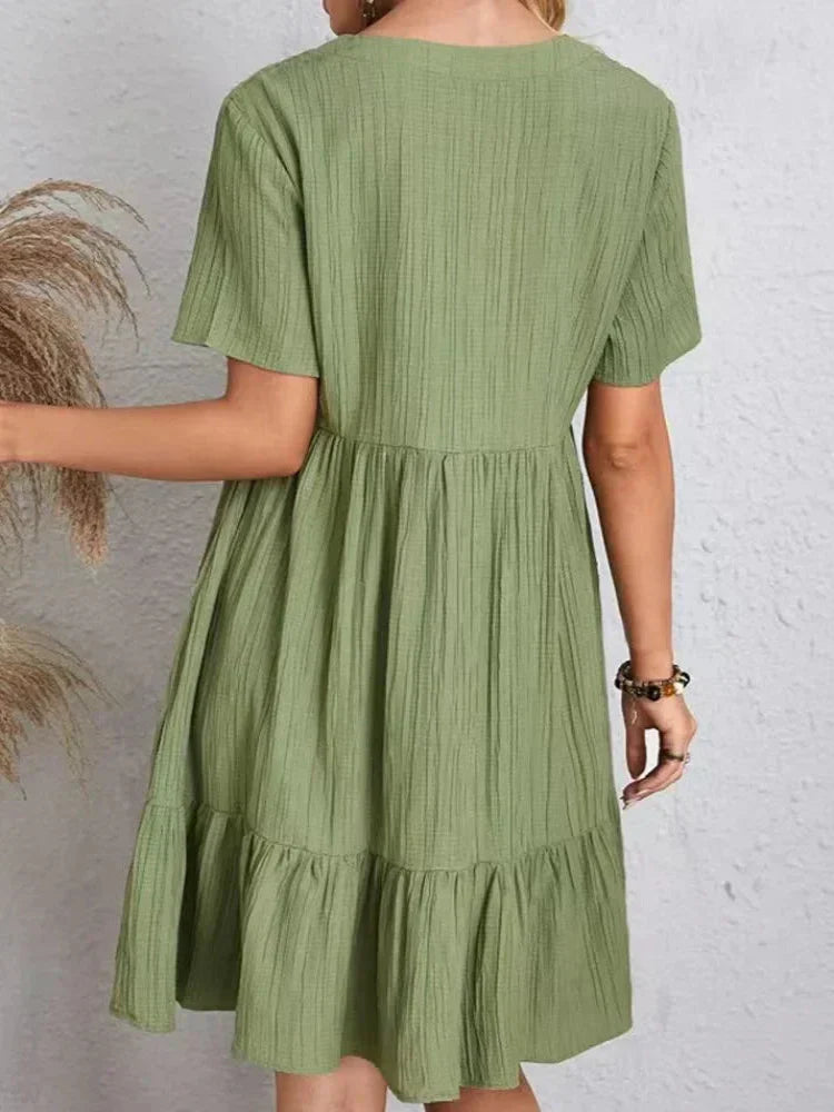 Robe femme courte fluide col V manches courtes effet ample été décontractée