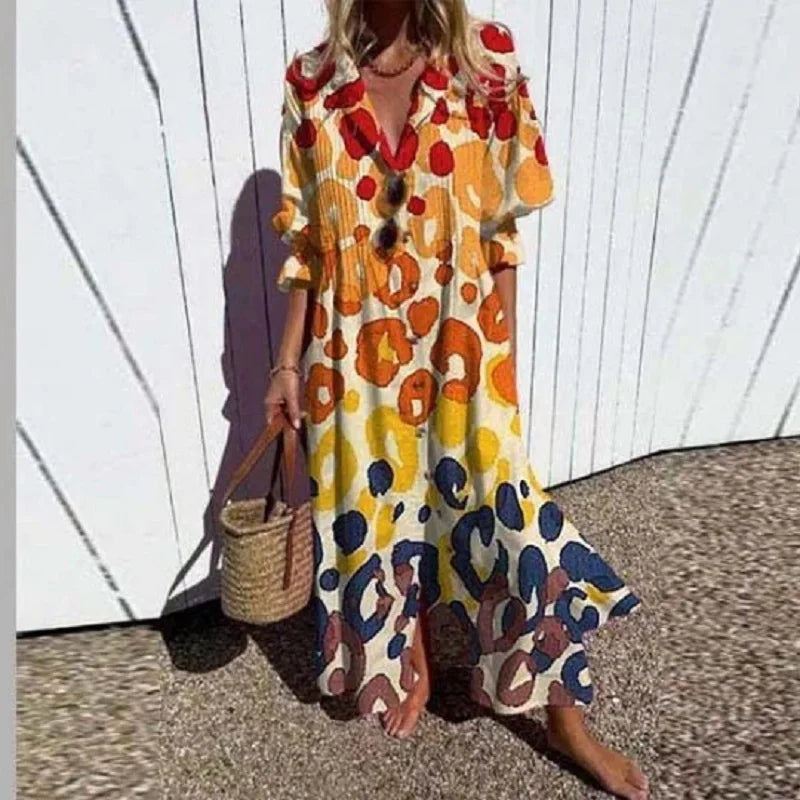 Robe longue femme fluide imprimé floral col V manches longues – bohème été