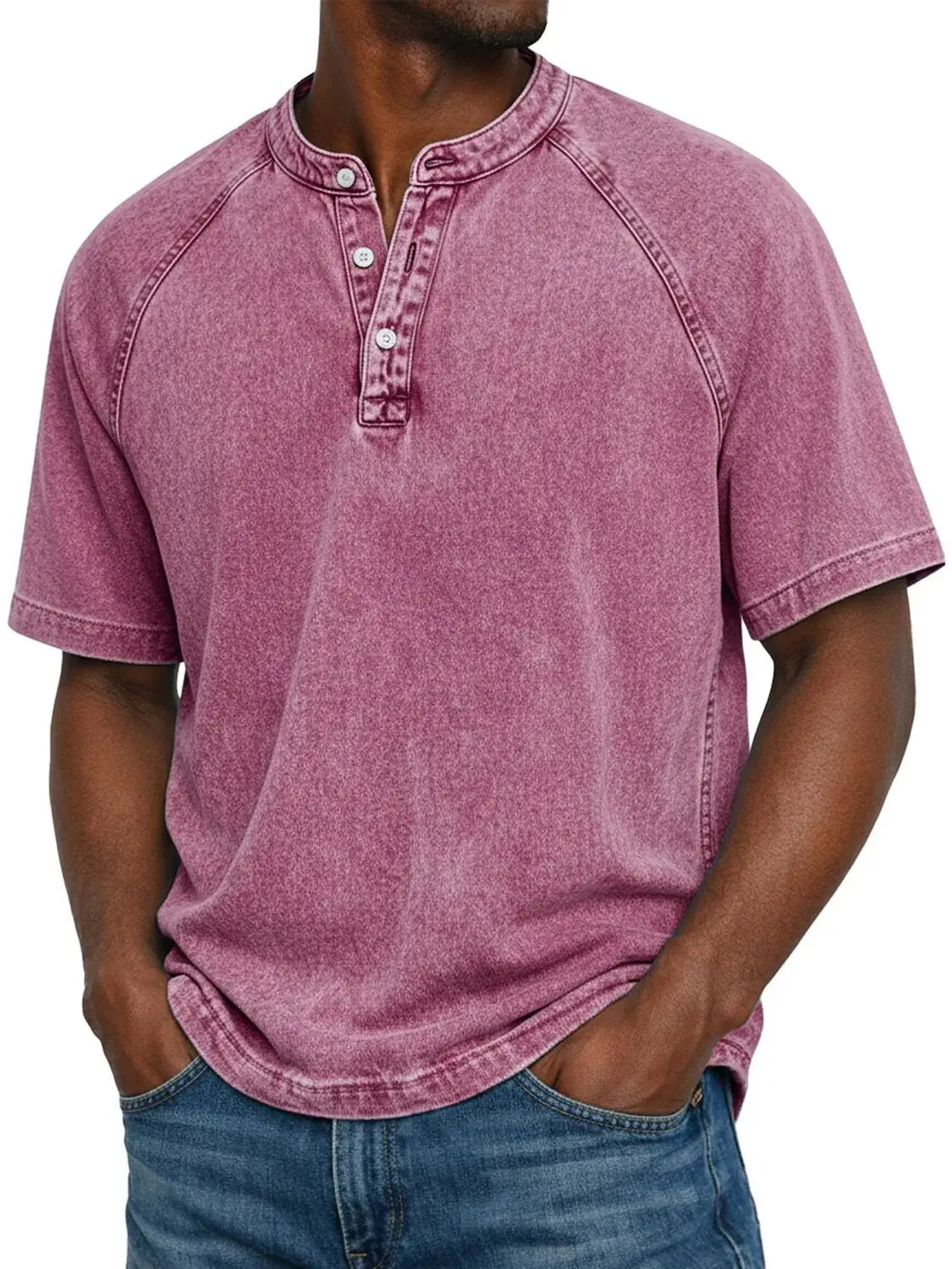T-Shirt Homme Col Henley Effet Délavé Vintage Manches Courtes