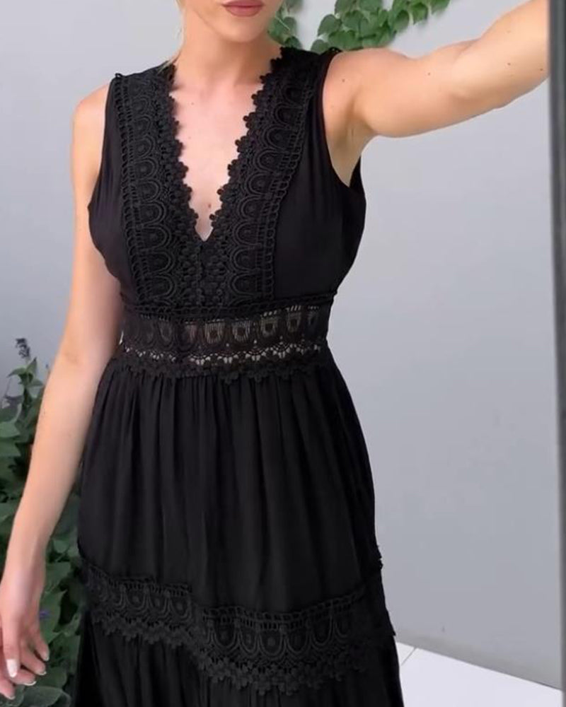 Robe Midi Femme Dentelle Col V Coupe Fluide Sans Manches Style Estival