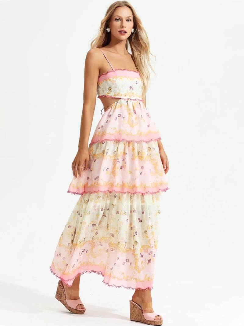 Robe Longue Bohème à Volants Imprimés