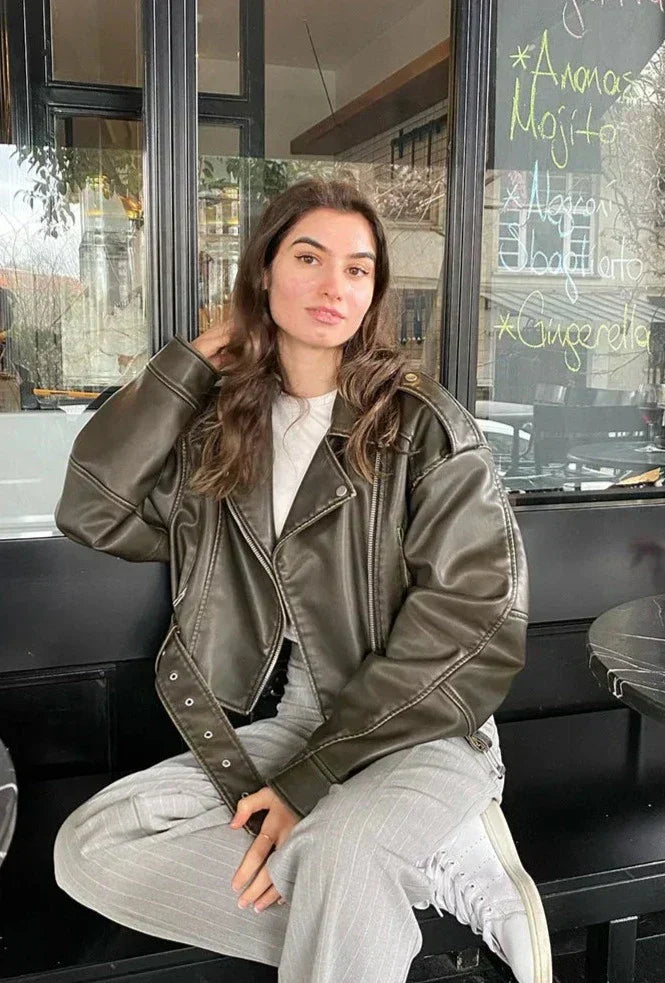 Veste biker femme oversize effet cuir synthétique ceinturée style streetwear