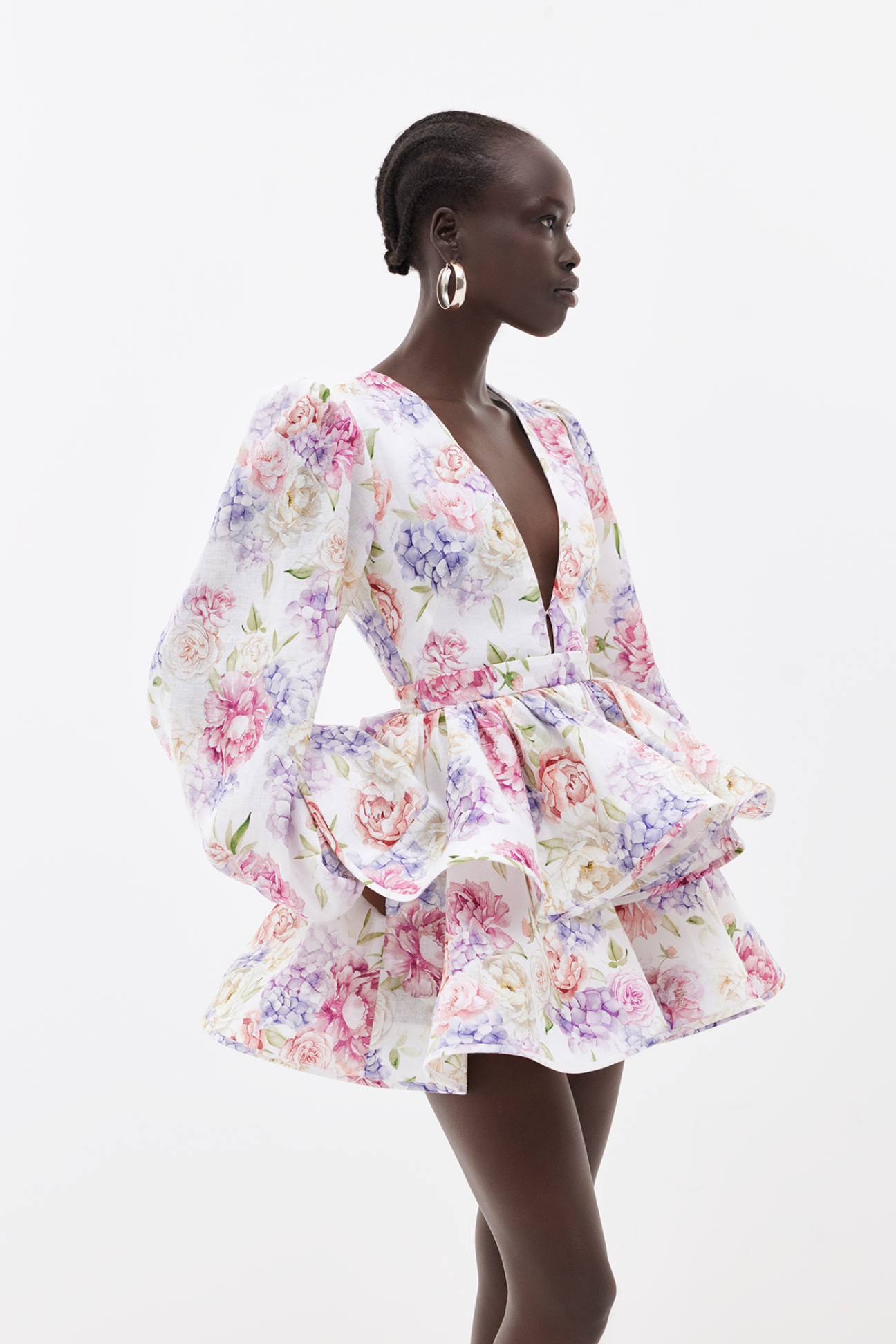 Robe Femme Évasée Imprimé Floral Manches Volumineuses Coupe Structurée