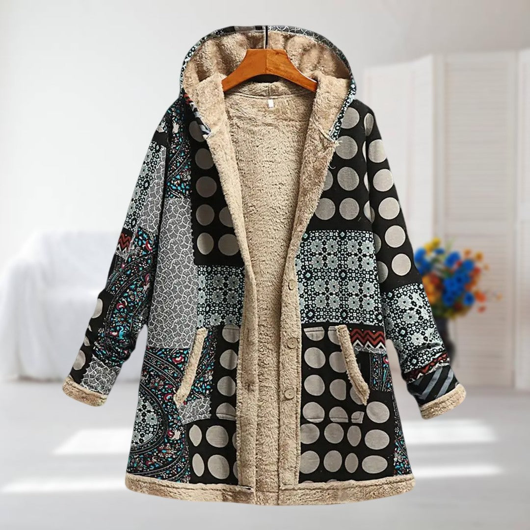 Veste femme doublée polaire à capuche imprimé floral – manteau chaud hivernal