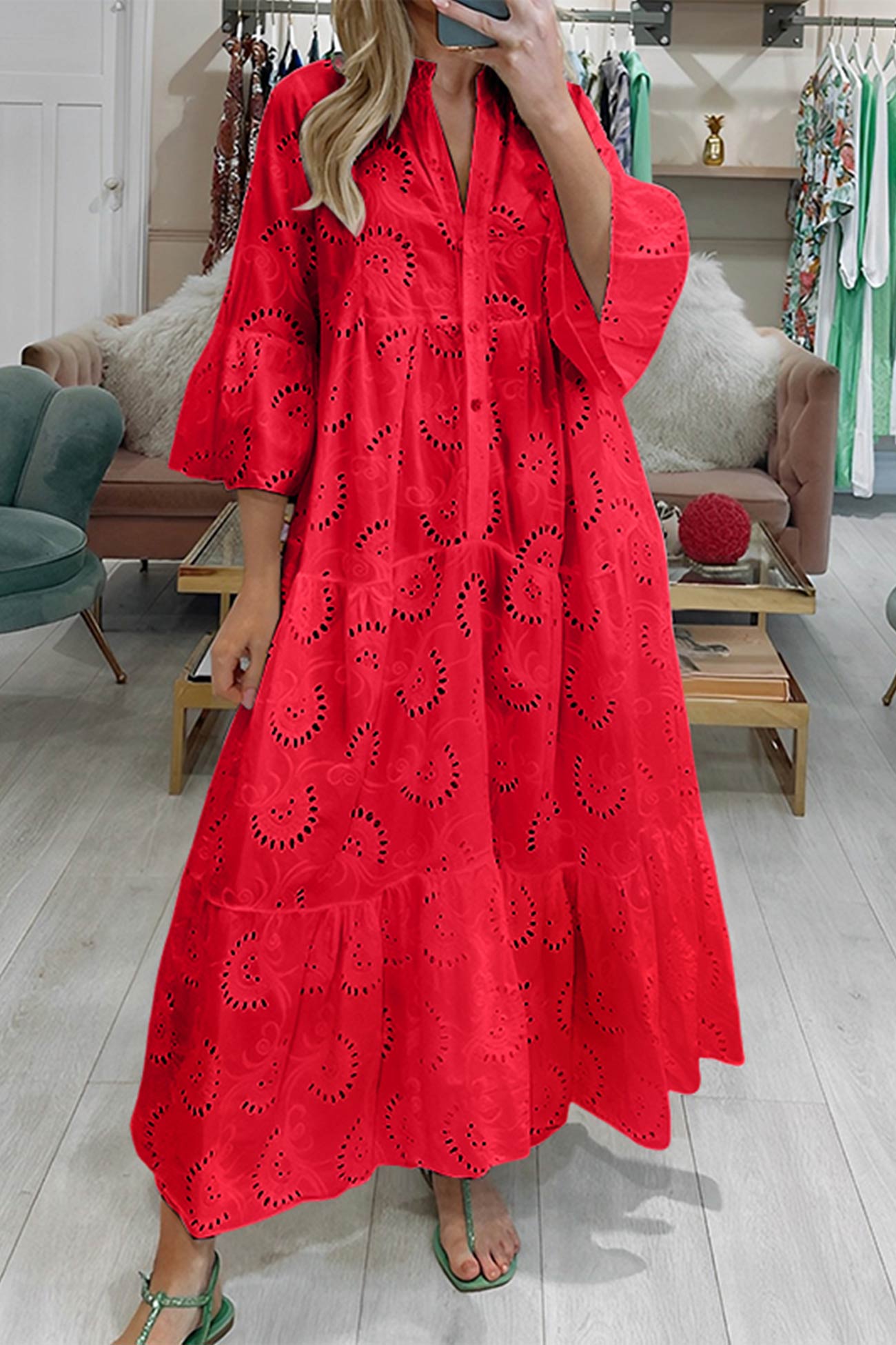 Robe Coton Brodé Femme Coupe Ample Manches Évasées Tissu Respirant Été Quotidien