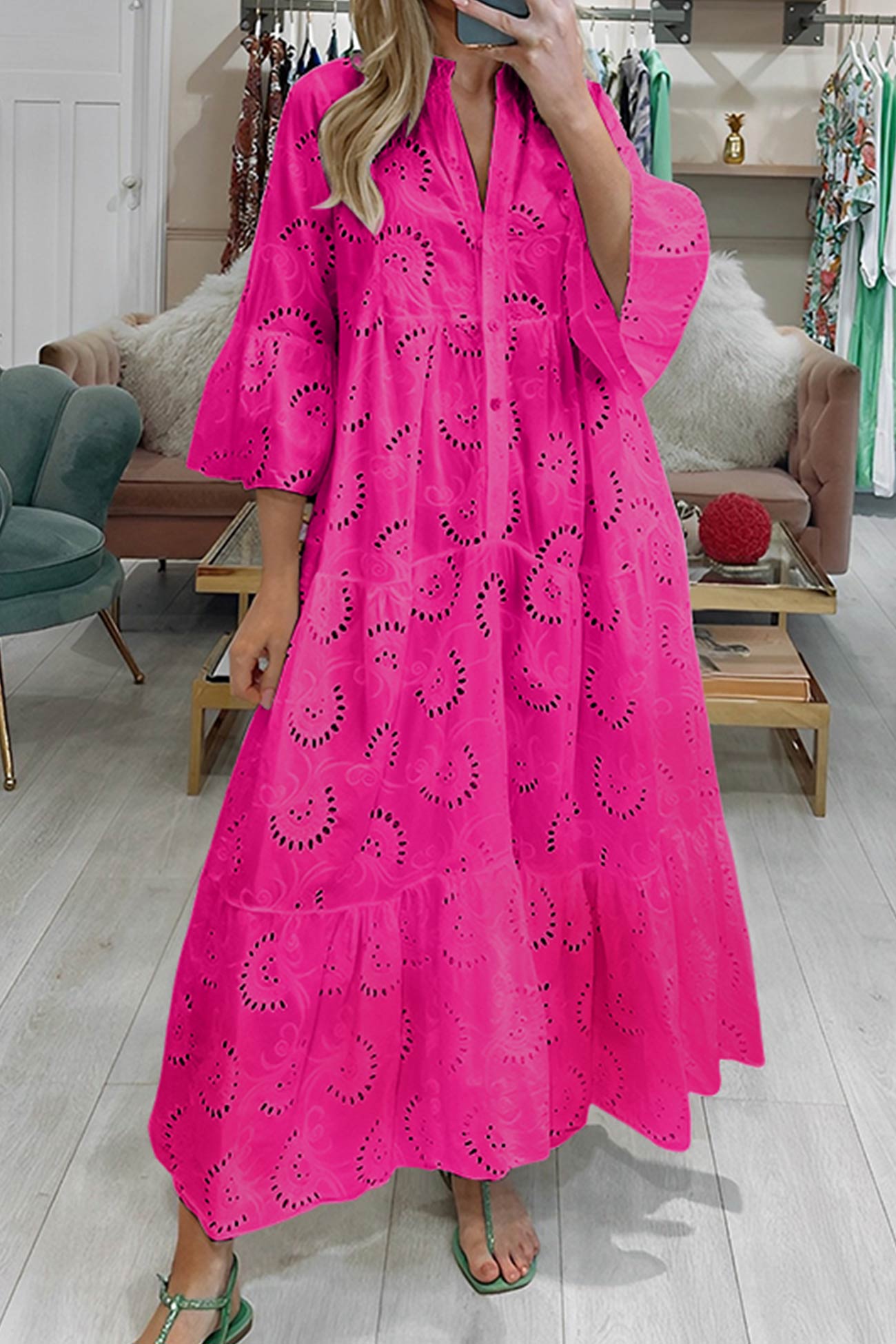 Robe longue femme coton brodé col V manches évasées fluide été bohème