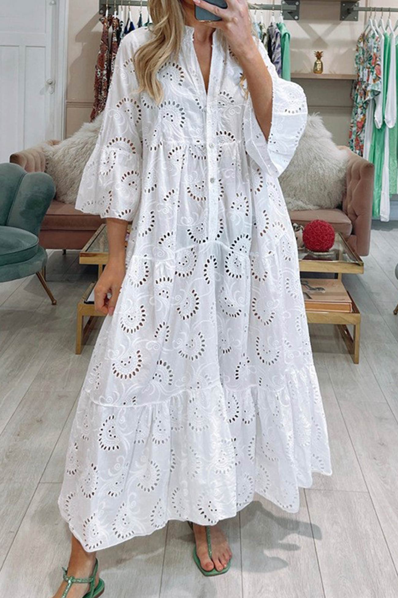 Robe longue femme coton brodé col V manches évasées fluide été bohème