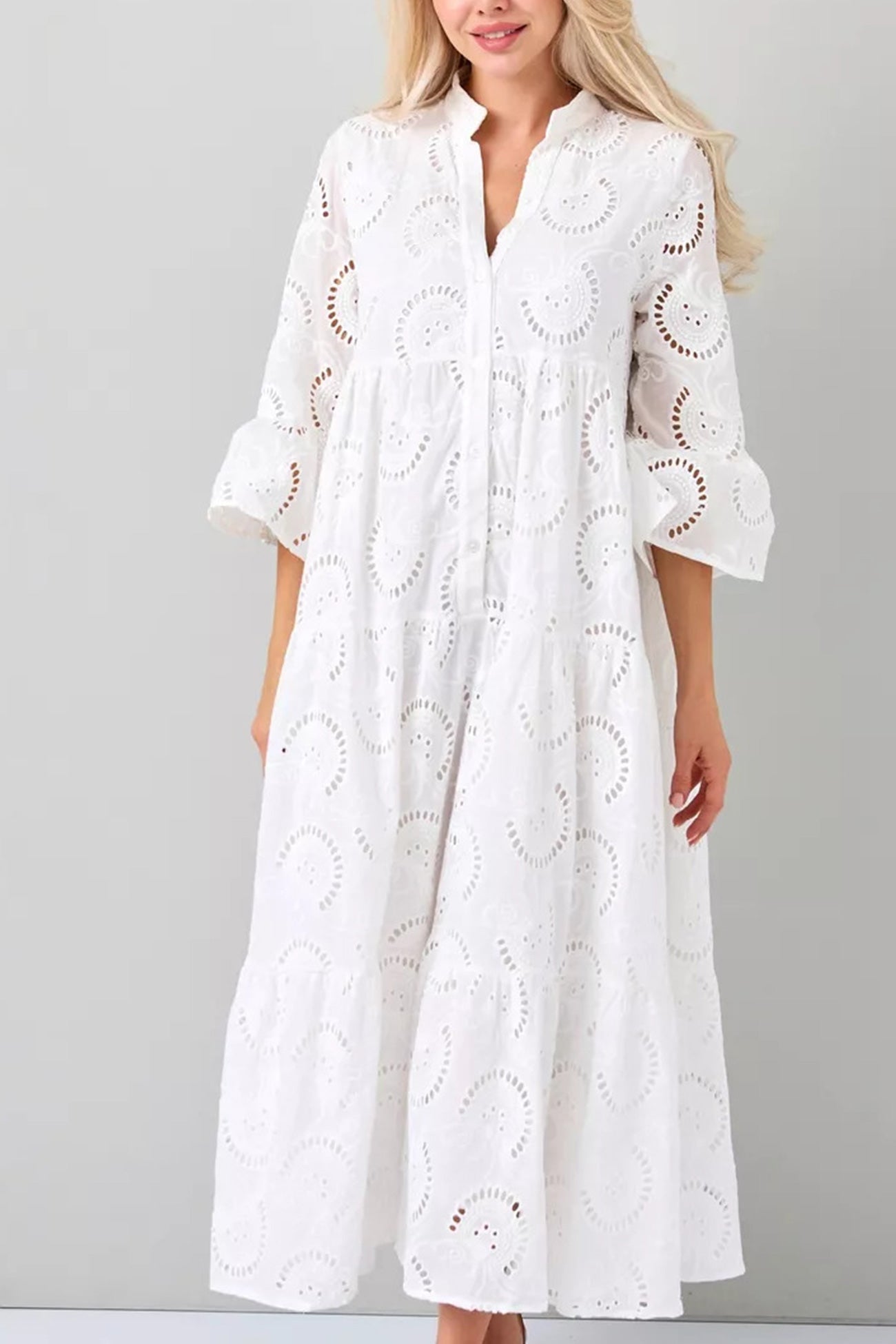 Robe longue femme coton brodé col V manches évasées fluide été bohème