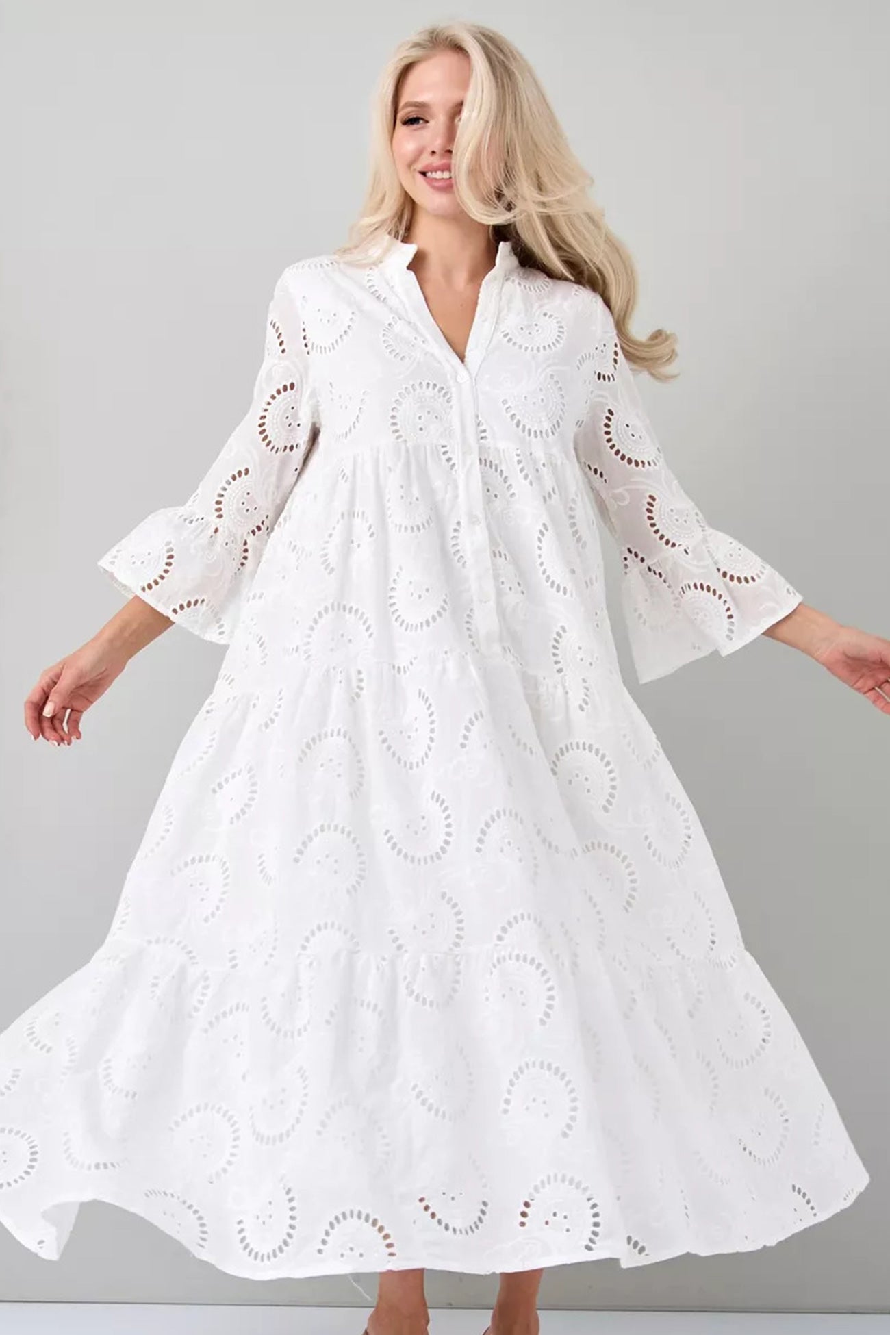 Robe longue femme coton brodé col V manches évasées fluide été bohème