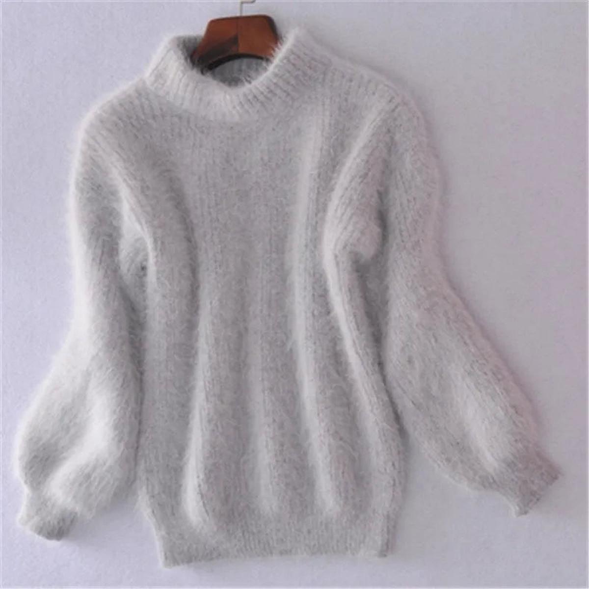Pull Femme Doux Col Montant à Manches Bouffantes